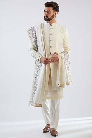 Ivory Stretched Terry Rayon Thread Embroidered Sherwani Set by Dhananjay