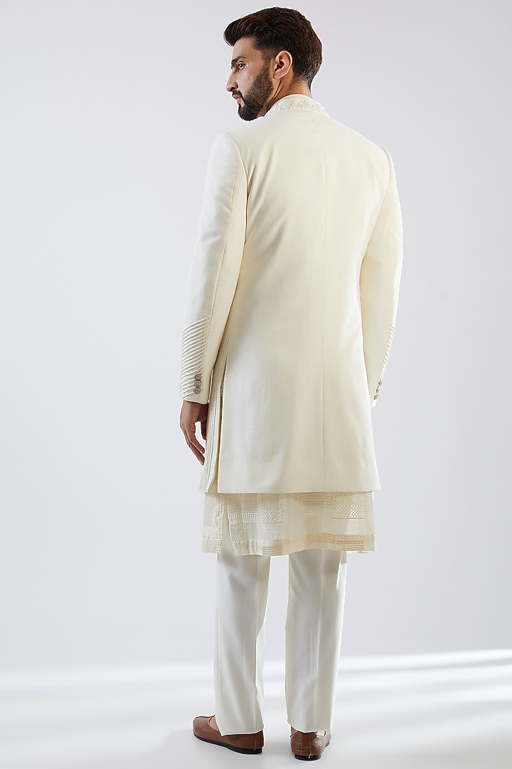 Ivory Stretched Terry Rayon Thread Embroidered Wedding Sherwani Set by Dhananjay at Pernia's Pop Up Shop