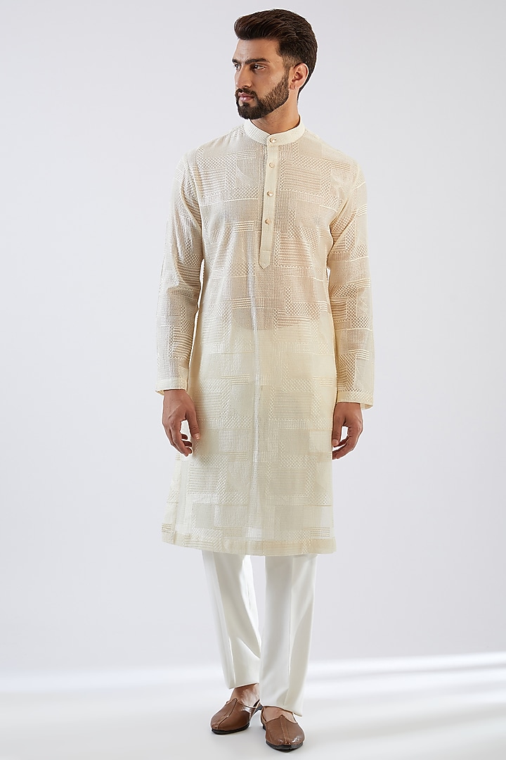 Ivory Stretched Terry Rayon Thread Embroidered Wedding Sherwani Set by Dhananjay at Pernia's Pop Up Shop
