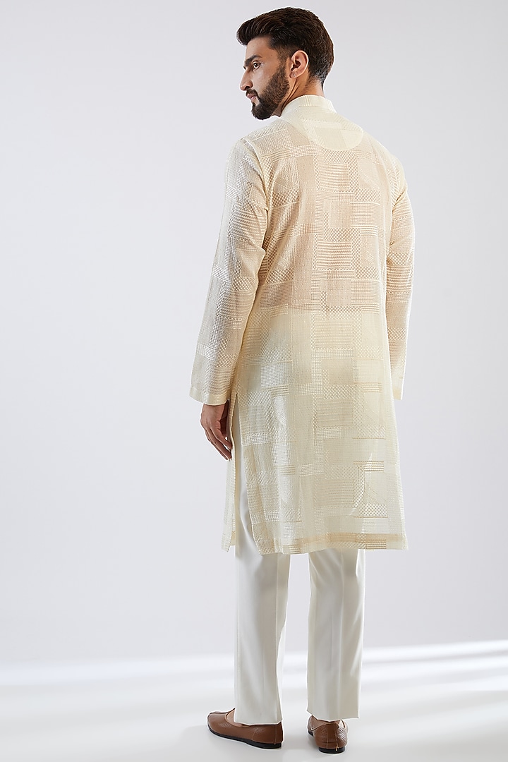 Ivory Stretched Terry Rayon Thread Embroidered Wedding Sherwani Set by Dhananjay at Pernia's Pop Up Shop