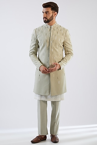 Mint Green Stretched Terry Rayon Hand Embroidered Indowestern Set by Dhananjay