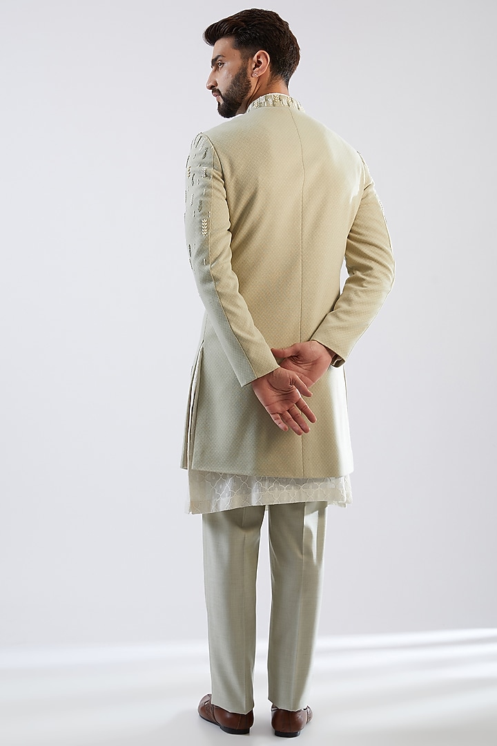 Mint Green Stretched Terry Rayon Hand Embroidered Wedding Indowestern Set by Dhananjay at Pernia's Pop Up Shop