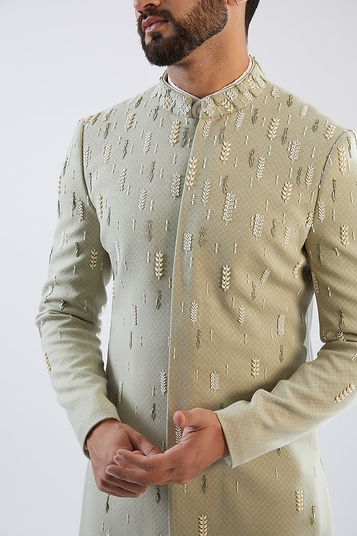 Mint Green Stretched Terry Rayon Hand Embroidered Wedding Indowestern Set by Dhananjay at Pernia's Pop Up Shop