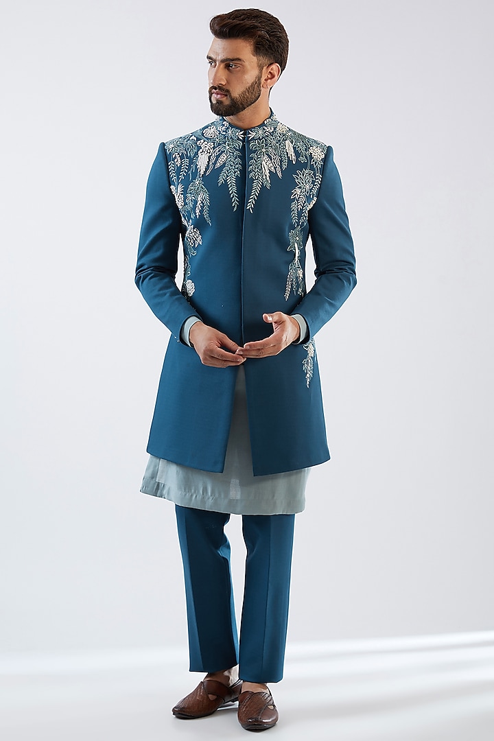 Teal Blue Stretched Terry Rayon Embroidered Indowestern Set by Dhananjay