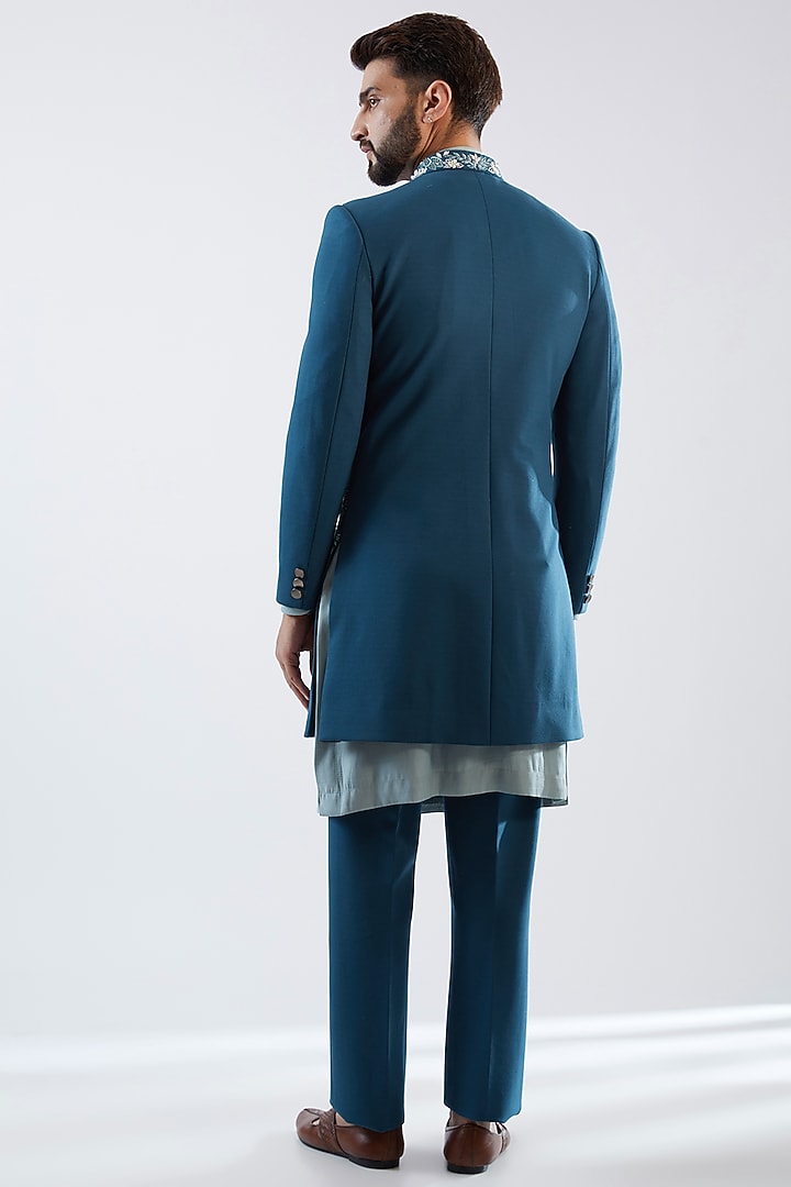 Teal Blue Stretched Terry Rayon Embroidered Wedding Indowestern Set by Dhananjay at Pernia's Pop Up Shop