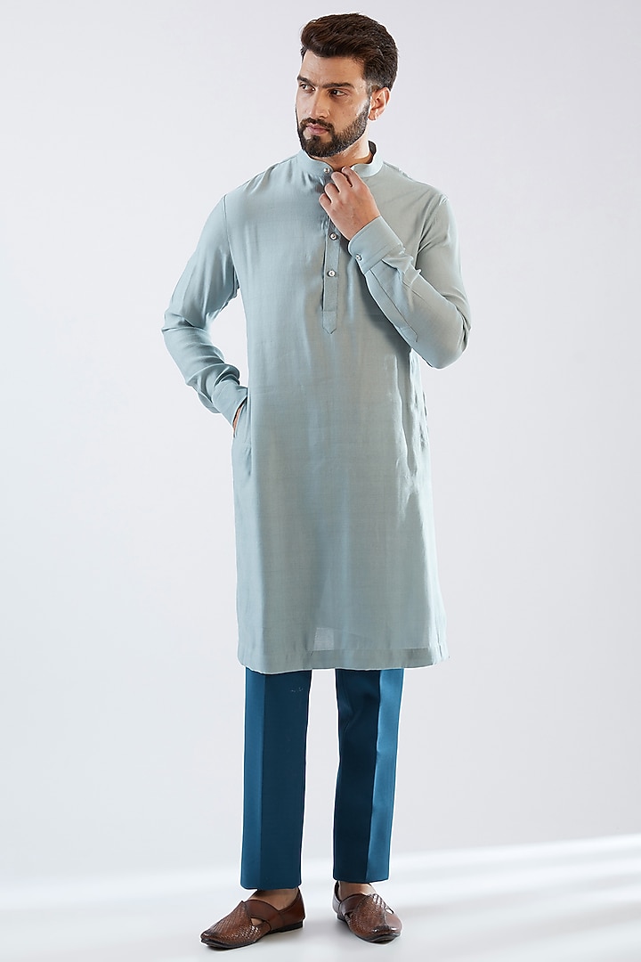 Teal Blue Stretched Terry Rayon Embroidered Wedding Indowestern Set by Dhananjay at Pernia's Pop Up Shop