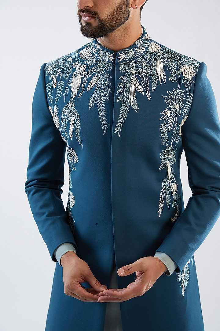 Teal Blue Stretched Terry Rayon Embroidered Wedding Indowestern Set by Dhananjay at Pernia's Pop Up Shop
