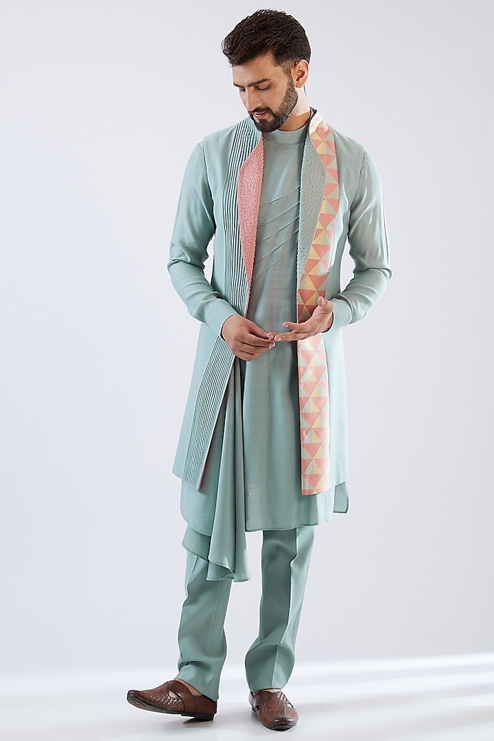 Chateau Grey Cotton Silk Indowestern Set by Dhananjay