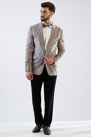 Grey Cotton Velvet Dori Embroidered Tuxedo Set by Dhananjay