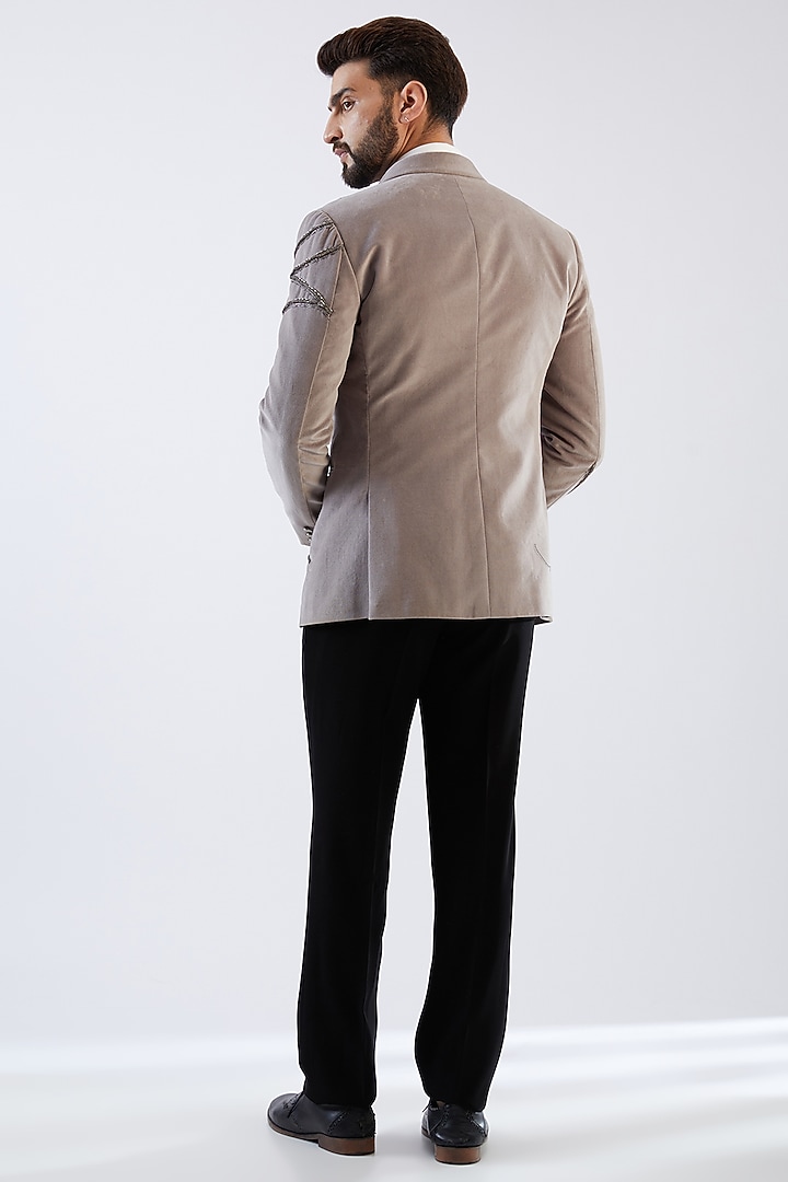Grey Cotton Velvet Dori Embroidered Tuxedo Set by Dhananjay at Pernia's Pop Up Shop