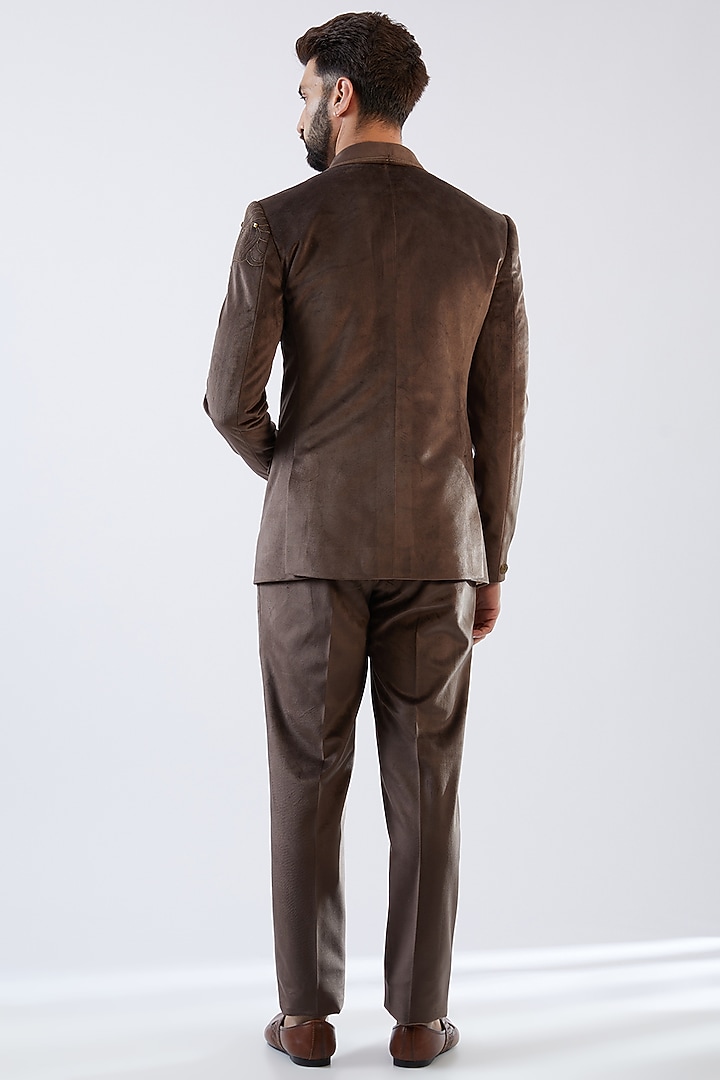 Caramel Brown Velvet Embroidered Tuxedo Set by Dhananjay at Pernia's Pop Up Shop