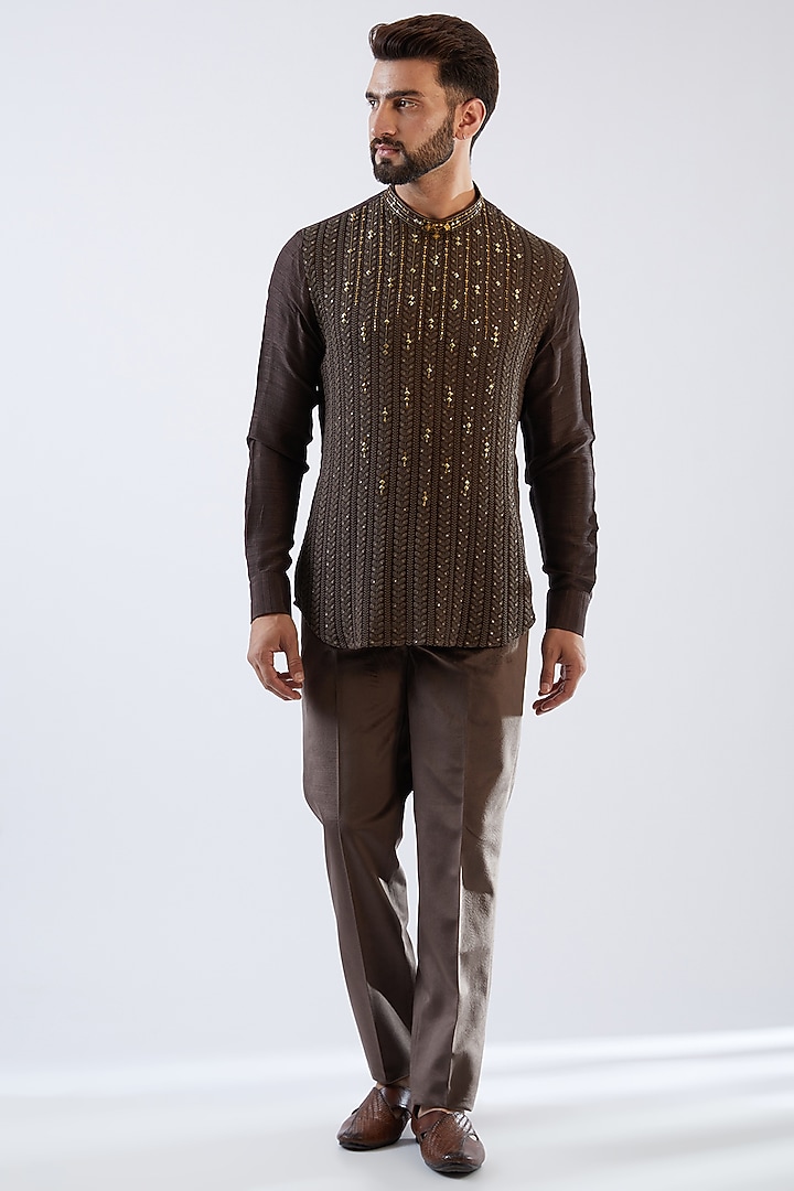 Caramel Brown Velvet Embroidered Tuxedo Set by Dhananjay at Pernia's Pop Up Shop