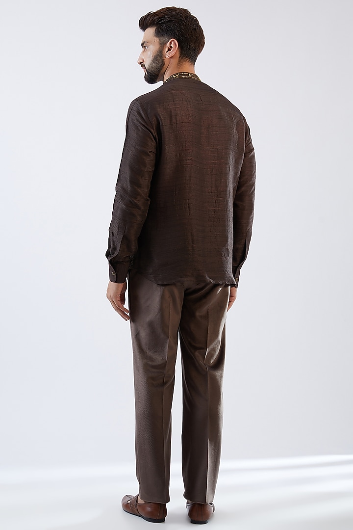 Caramel Brown Velvet Embroidered Tuxedo Set by Dhananjay at Pernia's Pop Up Shop