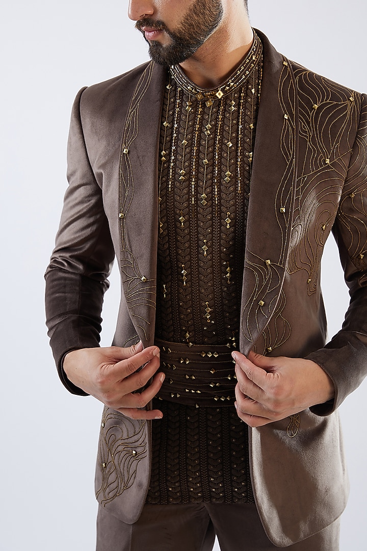Caramel Brown Velvet Embroidered Tuxedo Set by Dhananjay at Pernia's Pop Up Shop