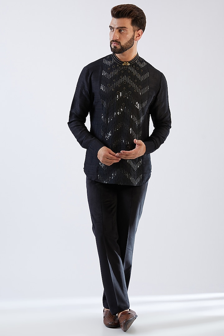 Black Velvet Embroidered Tuxedo Set by Dhananjay at Pernia's Pop Up Shop