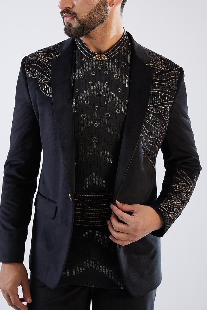 Black Velvet Embroidered Tuxedo Set by Dhananjay at Pernia's Pop Up Shop