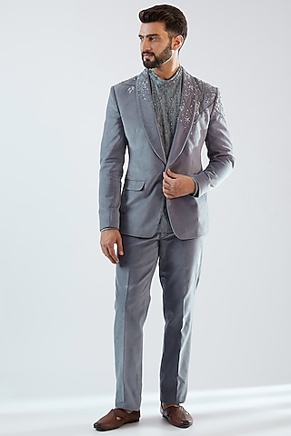 Grey Cotton Velvet Embroidered Tuxedo Set by Dhananjay