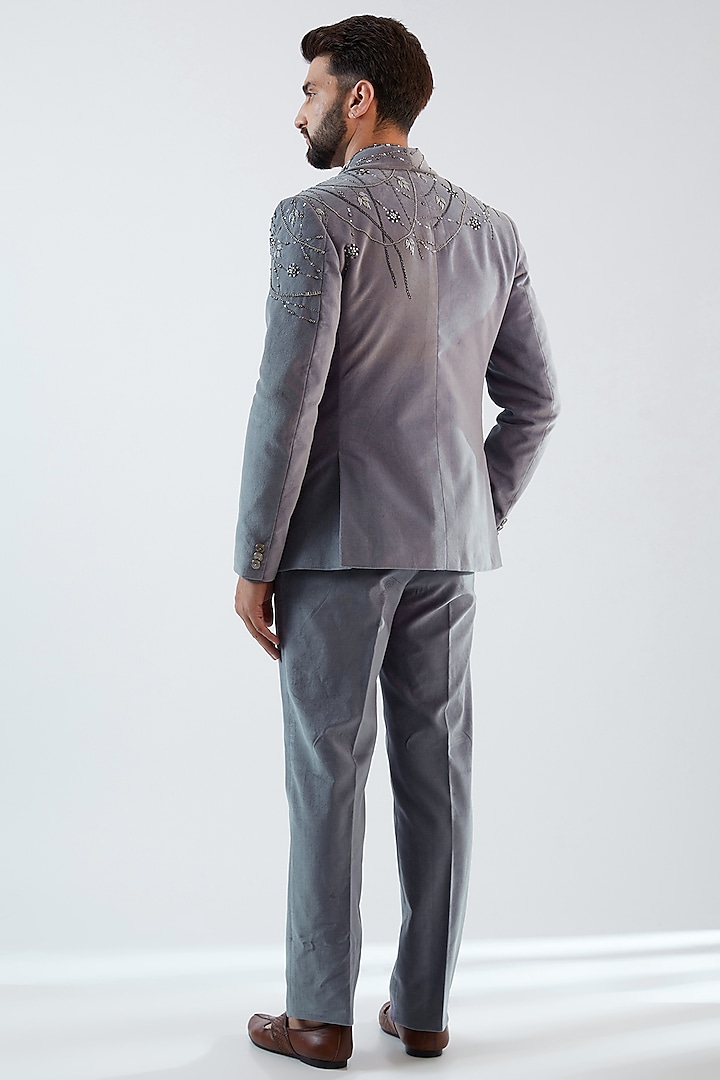 Grey Cotton Velvet Embroidered Tuxedo Set by Dhananjay at Pernia's Pop Up Shop