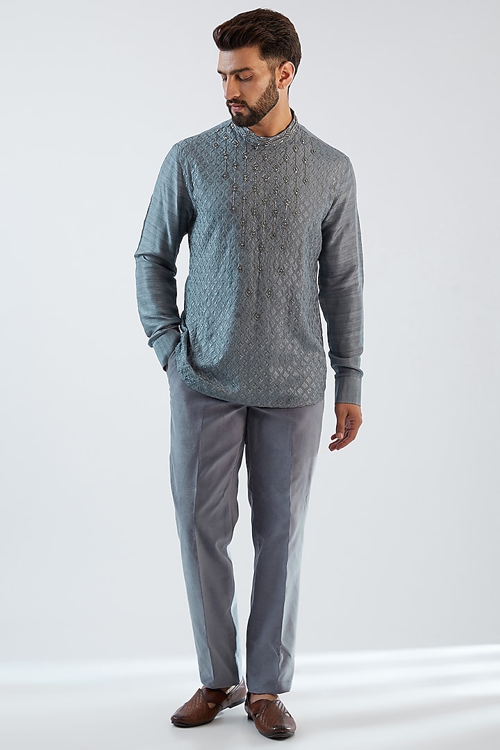 Grey Cotton Velvet Embroidered Tuxedo Set by Dhananjay at Pernia's Pop Up Shop