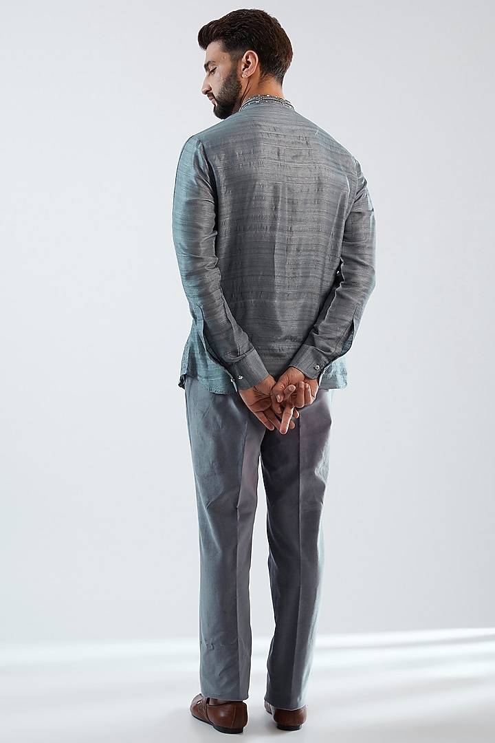 Grey Cotton Velvet Embroidered Tuxedo Set by Dhananjay at Pernia's Pop Up Shop