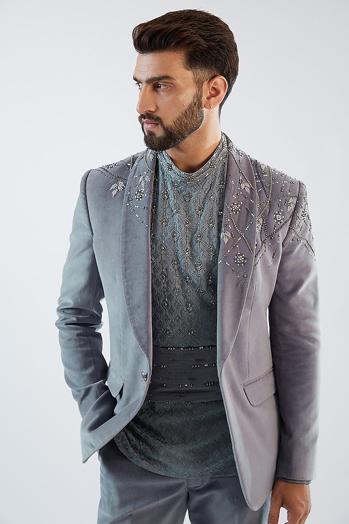 Grey Cotton Velvet Embroidered Tuxedo Set by Dhananjay at Pernia's Pop Up Shop