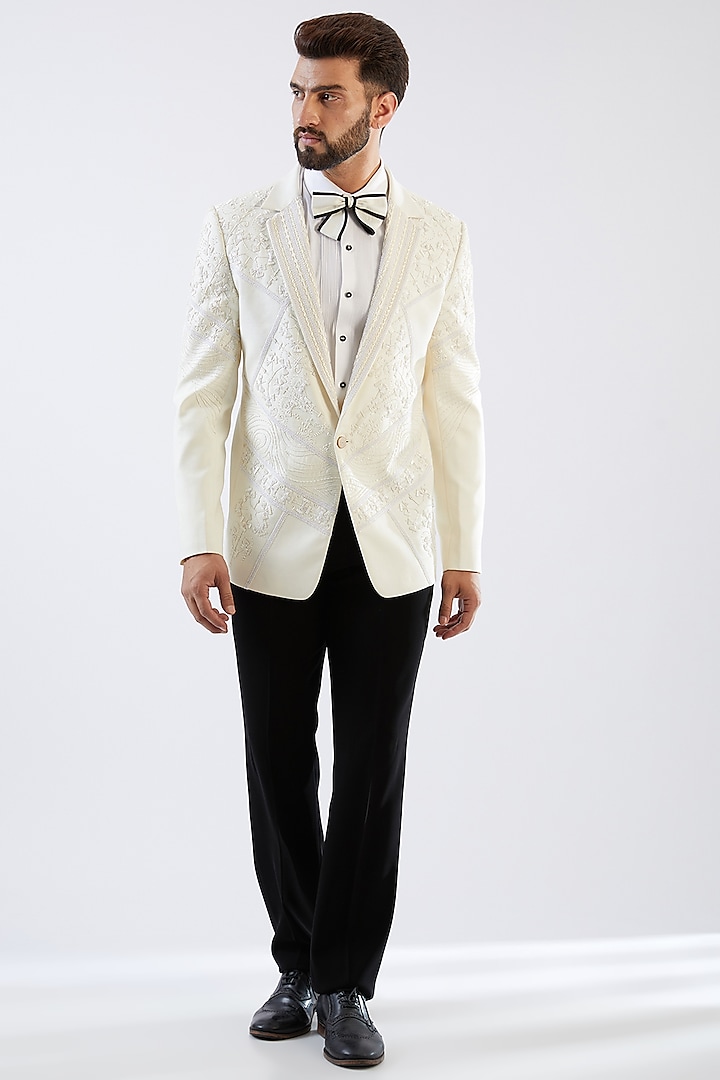 Ivory Terry Rayon Embroidered Tuxedo Set by Dhananjay