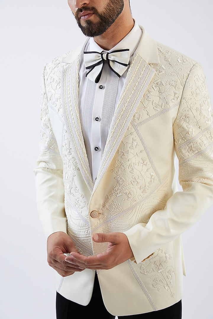 Ivory Terry Rayon Embroidered Tuxedo Set by Dhananjay at Pernia's Pop Up Shop