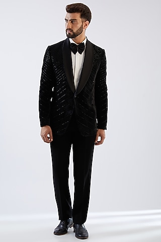 Black Velvet Embellished Tuxedo Set by Dhananjay