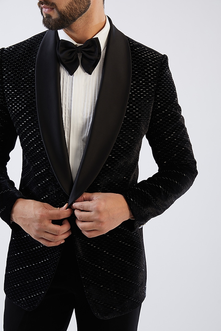 Black Velvet Embellished Tuxedo Set by Dhananjay at Pernia's Pop Up Shop
