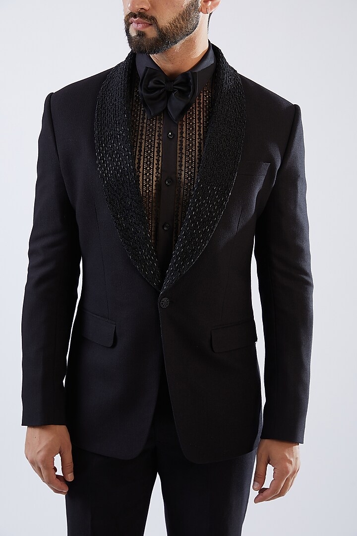 Black Terry Rayon Tuxedo Set by Dhananjay at Pernia's Pop Up Shop