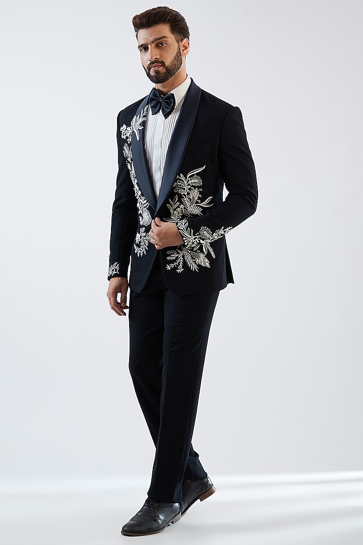 Navy Blue Terry Rayon Thread Embroidered Tuxedo Set by Dhananjay