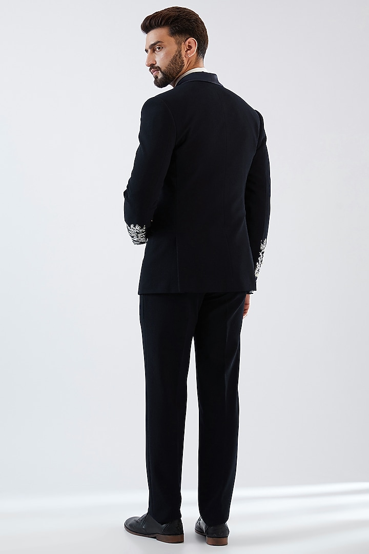 Navy Blue Terry Rayon Thread Embroidered Tuxedo Set by Dhananjay at Pernia's Pop Up Shop