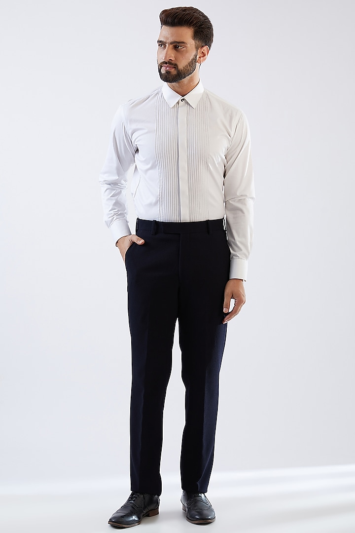 Navy Blue Terry Rayon Thread Embroidered Tuxedo Set by Dhananjay at Pernia's Pop Up Shop
