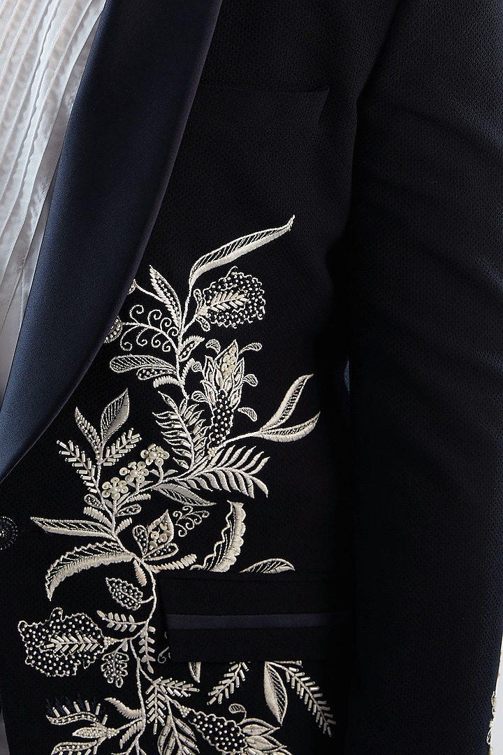 Navy Blue Terry Rayon Thread Embroidered Tuxedo Set by Dhananjay at Pernia's Pop Up Shop
