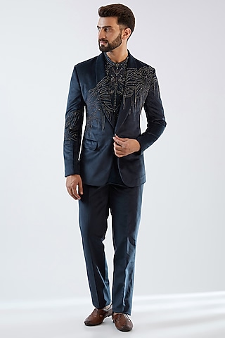 Blue Velvet Embroidered Tuxedo Set by Dhananjay