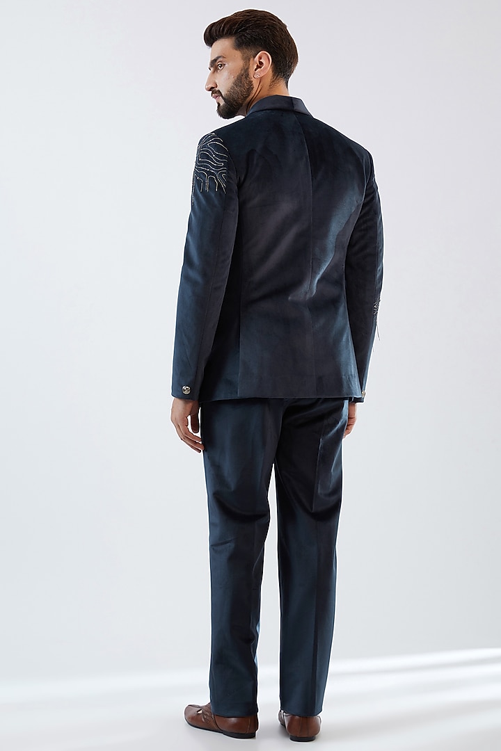 Blue Velvet Embroidered Tuxedo Set by Dhananjay at Pernia's Pop Up Shop