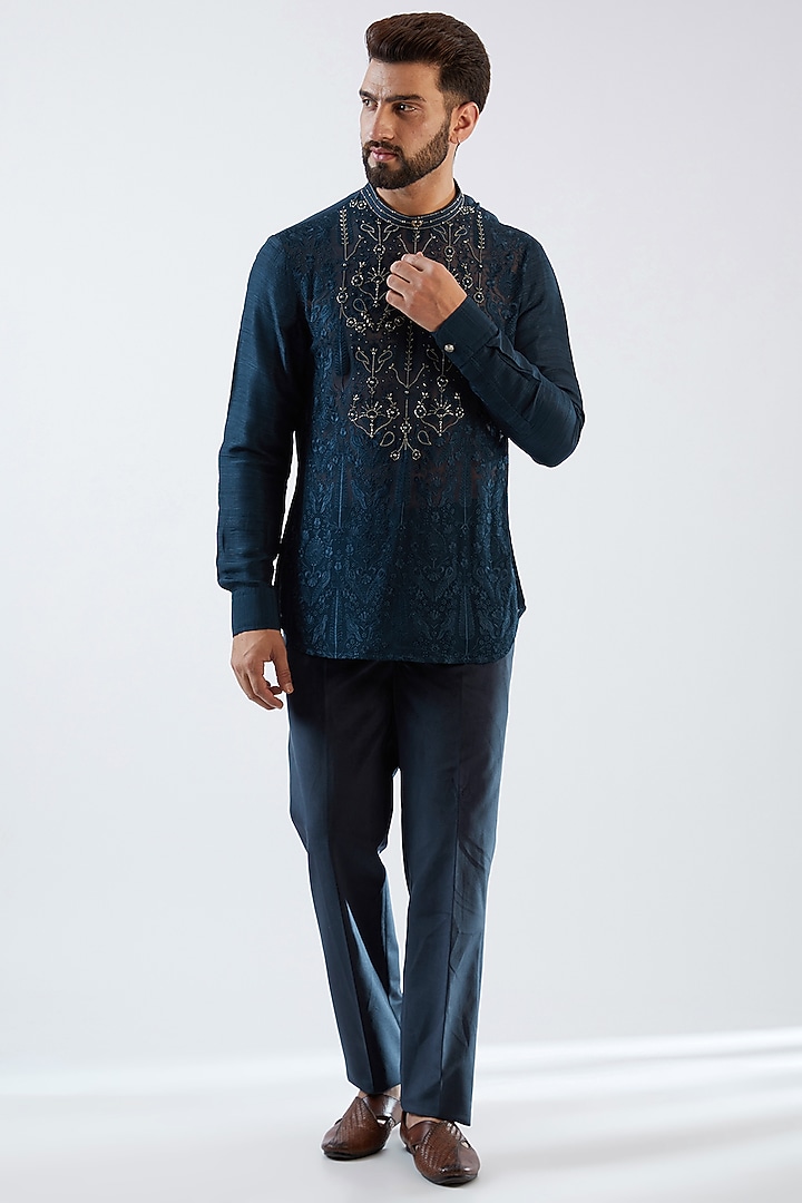 Blue Velvet Embroidered Tuxedo Set by Dhananjay at Pernia's Pop Up Shop