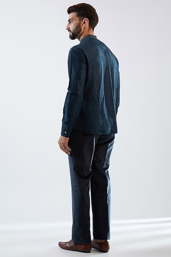 Blue Velvet Embroidered Tuxedo Set by Dhananjay at Pernia's Pop Up Shop