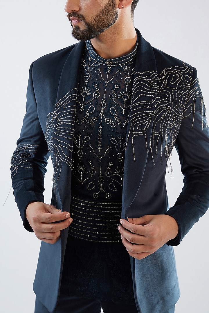 Blue Velvet Embroidered Tuxedo Set by Dhananjay at Pernia's Pop Up Shop