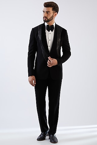 Black Terry Rayon Tuxedo Set by Dhananjay