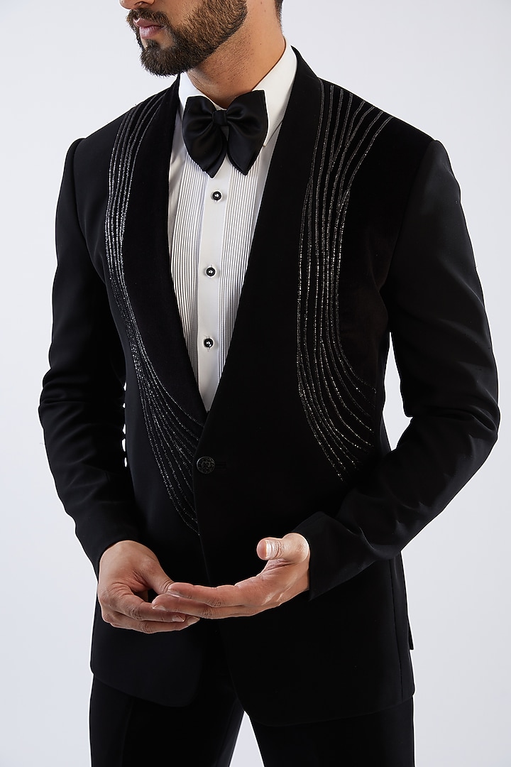 Black Terry Rayon Tuxedo Set by Dhananjay at Pernia's Pop Up Shop