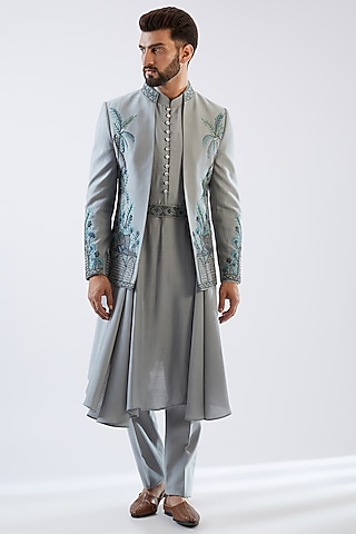 Chateau Grey Cotton Silk Indowestern Set by Dhananjay