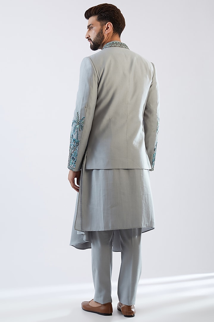 Chateau Grey Cotton Silk Wedding Indowestern Set by Dhananjay at Pernia's Pop Up Shop
