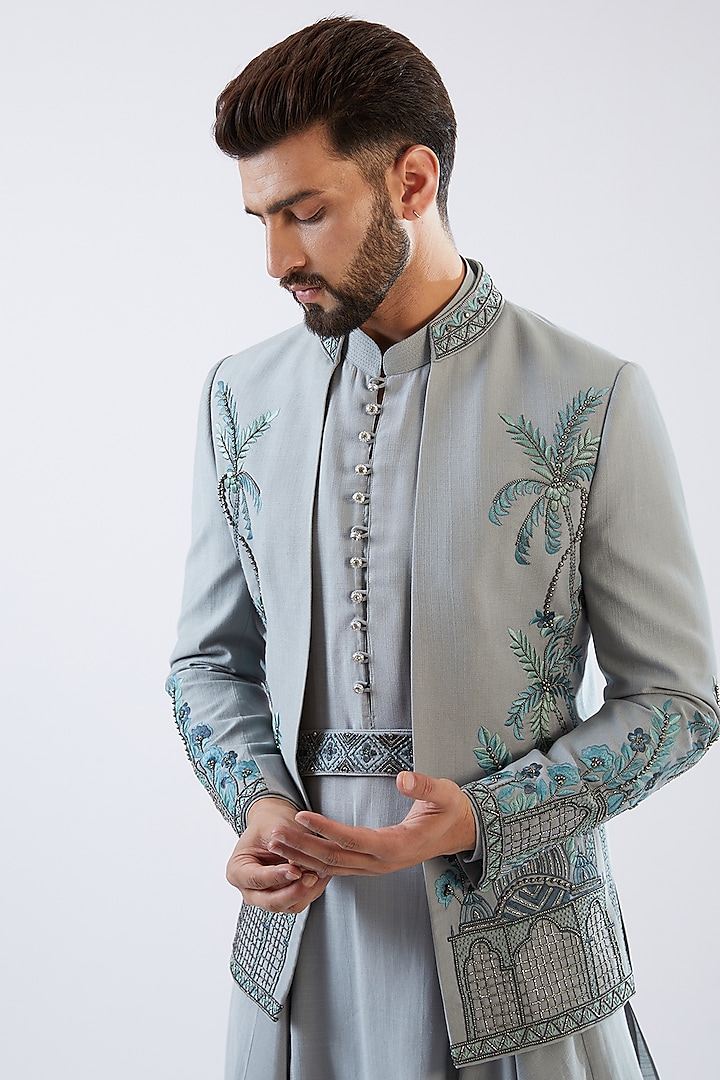 Chateau Grey Cotton Silk Wedding Indowestern Set by Dhananjay at Pernia's Pop Up Shop