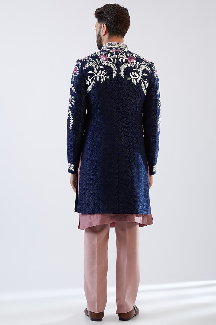 Navy Blue Jacquard Embroidered Wedding Indowestern Set by Dhananjay at Pernia's Pop Up Shop
