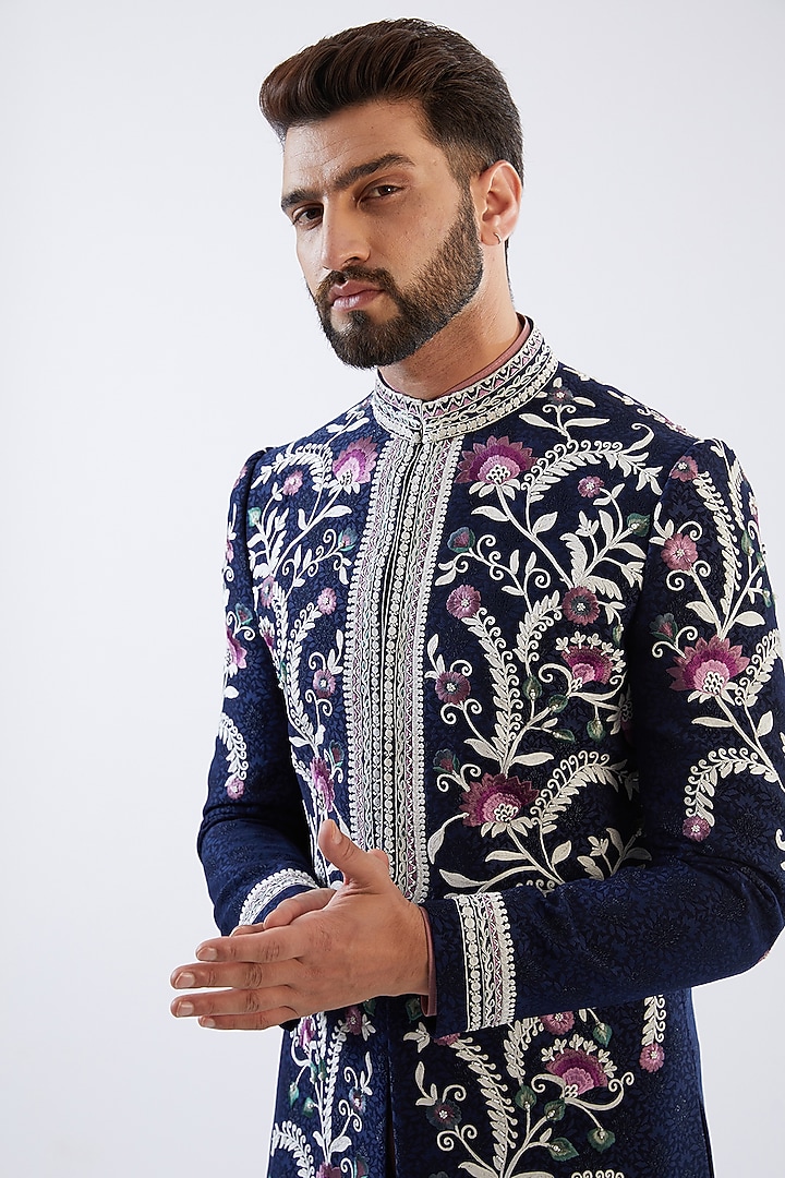 Navy Blue Jacquard Embroidered Wedding Indowestern Set by Dhananjay at Pernia's Pop Up Shop