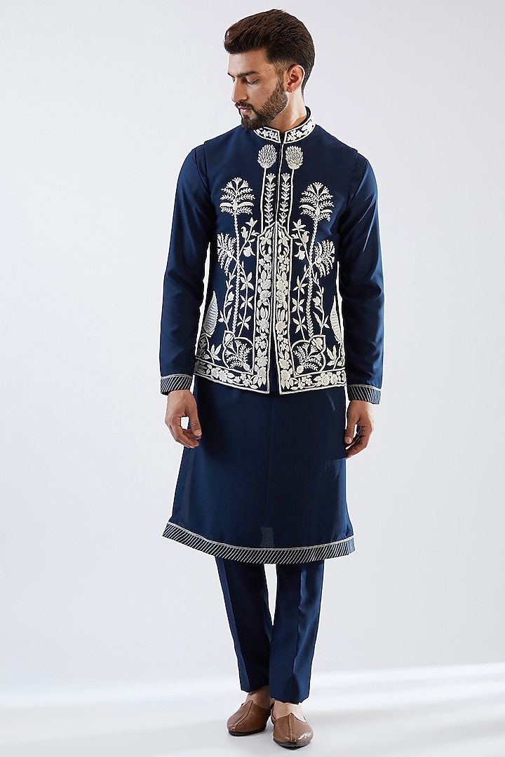 Navy Blue Silk Viscose Resham Embroidered Indowestern Set by Dhananjay
