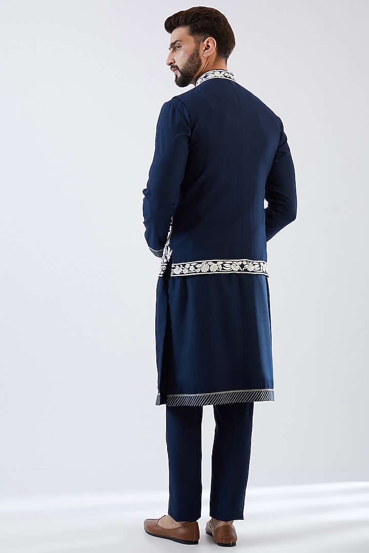 Navy Blue Silk Viscose Resham Embroidered Indowestern Set by Dhananjay at Pernia's Pop Up Shop