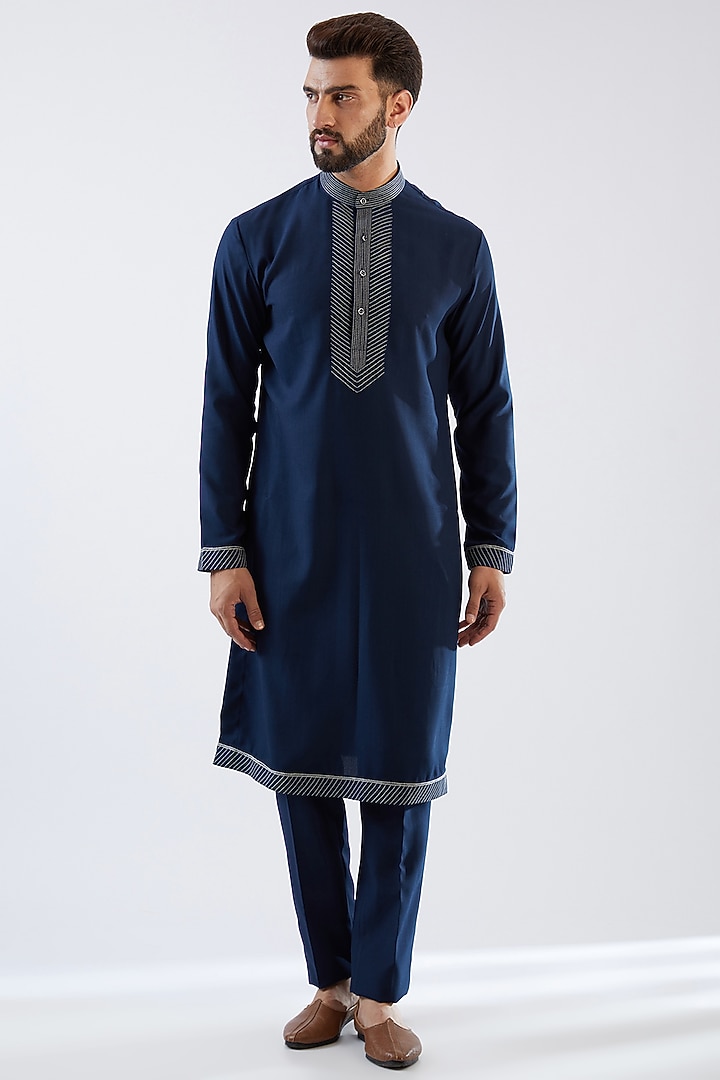 Navy Blue Silk Viscose Resham Embroidered Indowestern Set by Dhananjay at Pernia's Pop Up Shop