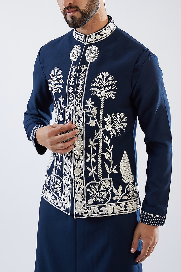 Navy Blue Silk Viscose Resham Embroidered Indowestern Set by Dhananjay at Pernia's Pop Up Shop